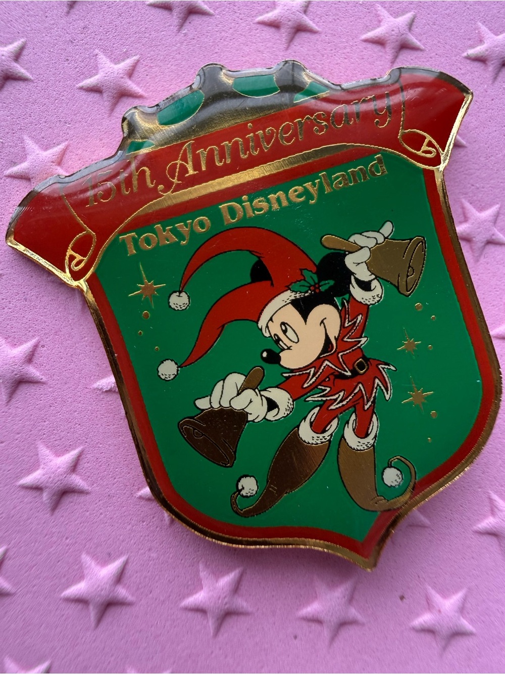 VintageTokyo Disneyland 15th Anniversary Mickey Holiday Shield Pin - Red & Green